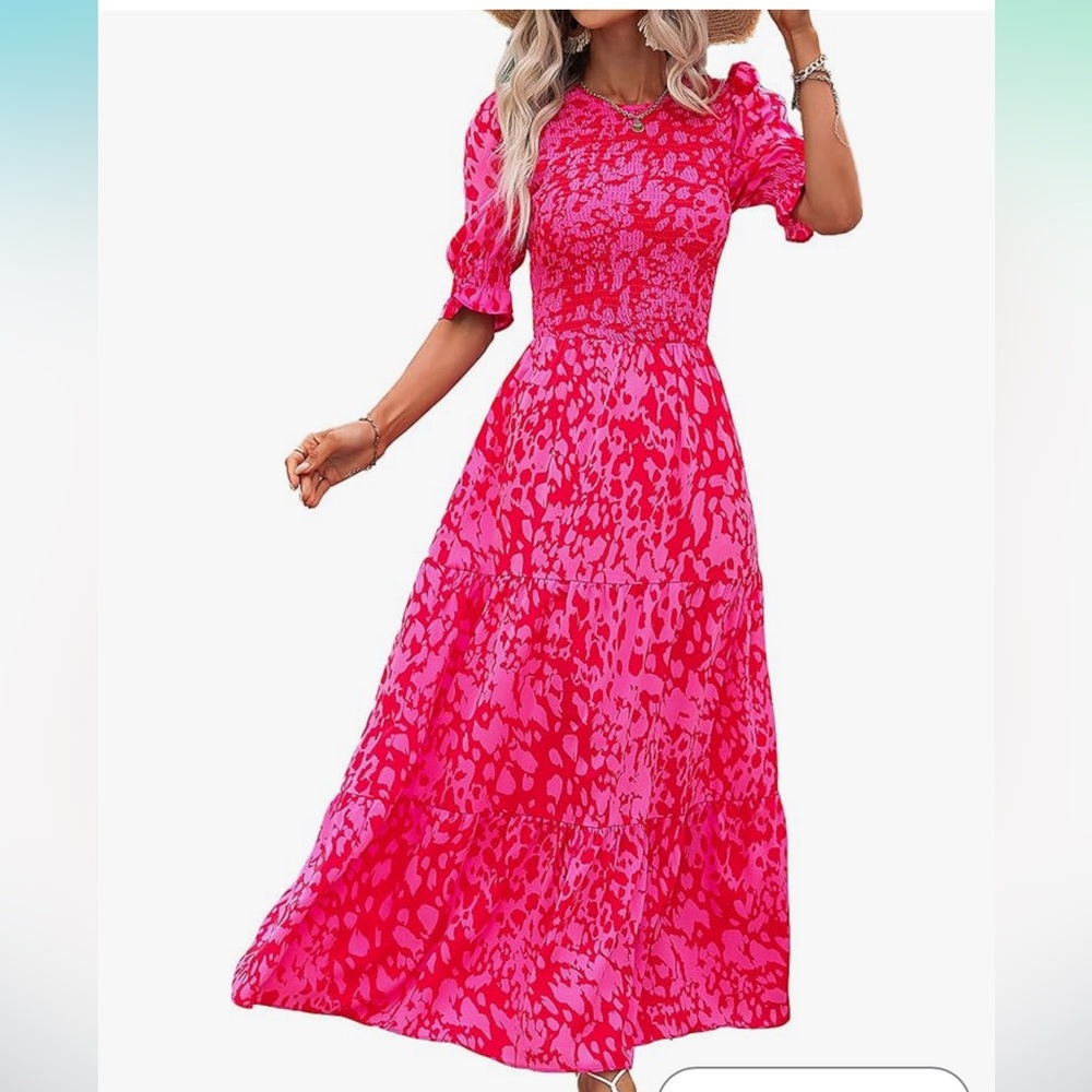 BTFBM - Crew Neck Ruffle Short Sleeve Floral Print Smocked Flowy Maxi Dress